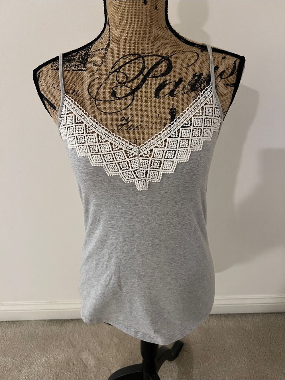 LOFT Grey Cami with White Lace Trim